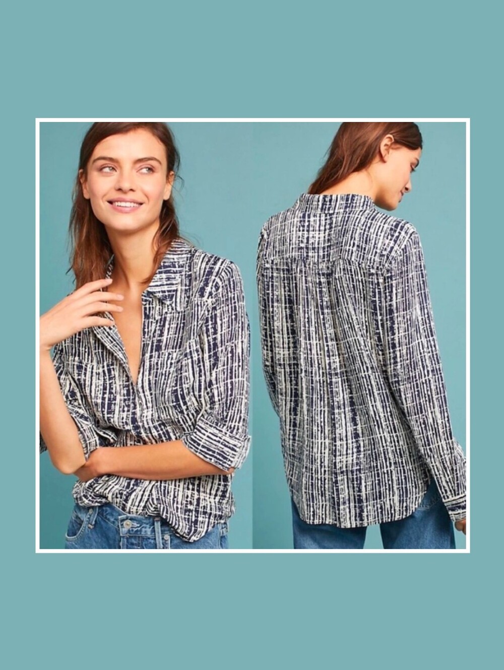 Anthropologie Holding Horses Blue White Sammie Pocket Button Down Blouse Sz 16